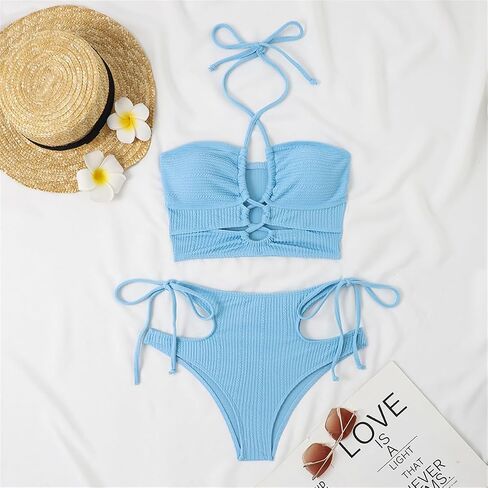 Solid Bathing Suit for Women Two Piece Bikini Sets Ribbed Sexy T Back Bottom Triangle Top with Elastic Straps in Saudi Arabia