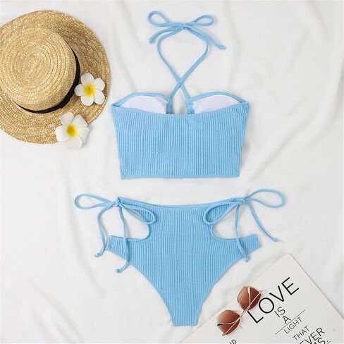 Solid Bathing Suit for Women Two Piece Bikini Sets Ribbed Sexy T Back Bottom Triangle Top with Elastic Straps in Saudi Arabia