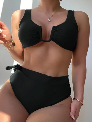 Solid Bathing Suit for Women Two Piece Bikini Sets Ribbed Sexy T Back Bottom Triangle Top with Elastic Straps in Saudi Arabia