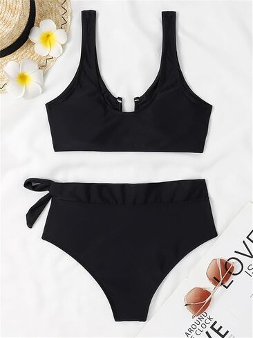 Solid Bathing Suit for Women Two Piece Bikini Sets Ribbed Sexy T Back Bottom Triangle Top with Elastic Straps in Saudi Arabia