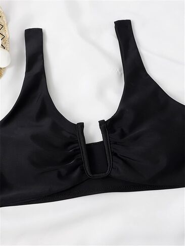 Solid Bathing Suit for Women Two Piece Bikini Sets Ribbed Sexy T Back Bottom Triangle Top with Elastic Straps in Saudi Arabia