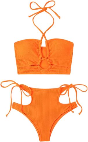 Solid Bathing Suit for Women Two Piece Bikini Sets Ribbed Sexy T Back Bottom Triangle Top with Elastic Straps in Saudi Arabia