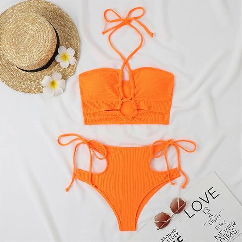 Solid Bathing Suit for Women Two Piece Bikini Sets Ribbed Sexy T Back Bottom Triangle Top with Elastic Straps in Saudi Arabia