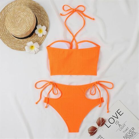 Solid Bathing Suit for Women Two Piece Bikini Sets Ribbed Sexy T Back Bottom Triangle Top with Elastic Straps in Saudi Arabia