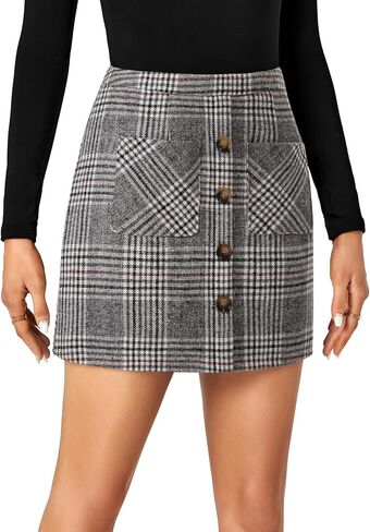 LYANER Women's Fall Winter Plaid Mini Skirt High Waist Button Zipper Bodycon Pencil Short Skirts with Pockets in Kuwait