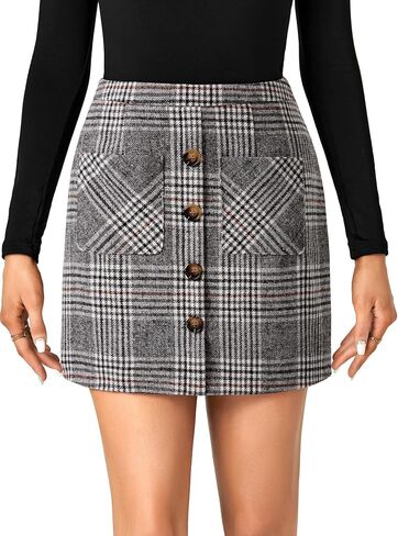 LYANER Women's Fall Winter Plaid Mini Skirt High Waist Button Zipper Bodycon Pencil Short Skirts with Pockets in Kuwait