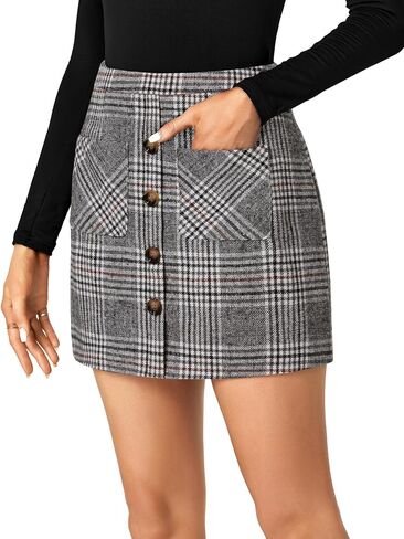 LYANER Women's Fall Winter Plaid Mini Skirt High Waist Button Zipper Bodycon Pencil Short Skirts with Pockets in Kuwait