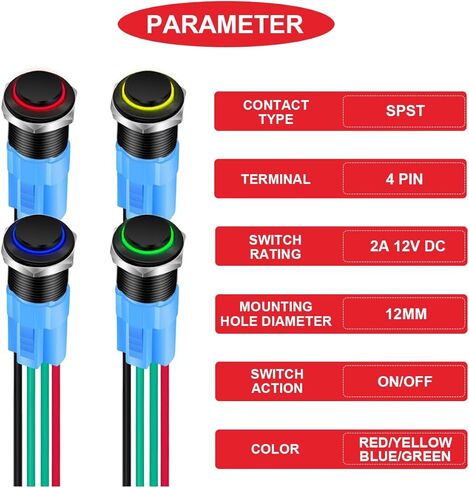 4 قطع 12 ملم مفتاح زر ضغط LED ذاتي القفل غلاف أسود IP65 مفتاح زر ضغط مقاوم للماء 1NO1NC مع مقبس سلك LED أحمر/أصفر/أزرق/أخضر وغطاء أسلاك لسيارة القوارب البحرية in Kuwait