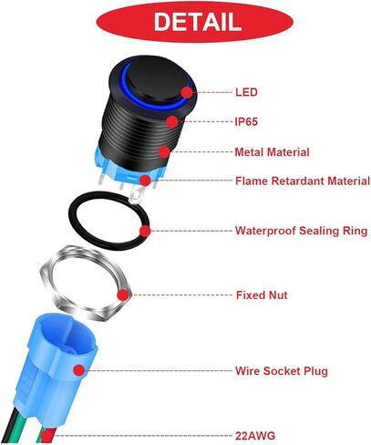4 قطع 12 ملم مفتاح زر ضغط LED ذاتي القفل غلاف أسود IP65 مفتاح زر ضغط مقاوم للماء 1NO1NC مع مقبس سلك LED أحمر/أصفر/أزرق/أخضر وغطاء أسلاك لسيارة القوارب البحرية in Kuwait