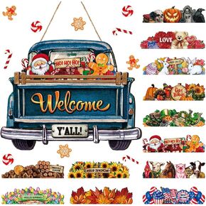 Ferraycle Interchangeable Christmas Welcome Sign for Front Door Farmhouse Truck Decor Rustic Hanging Sign with 12 Interchangeable Seasonal Holiday Decor for Christmas Fall Thanksgiving(Cute Color)