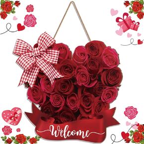 Valentine's Day Door Sign Welcome Rose Heart Wood Hanging Sign Red Heart Hanging Wall Door Hanger for Porch Farmhouse Valentine Front Door Outdoor Home Decor