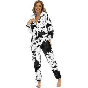 Women's Onesie Pajamas Halloween Cow Costume Fleece Fuzzy Funny One Piece Sleepwear Hooded