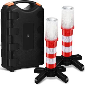 Riakrum 2 Pcs LED Road Flares Emergency Warning Light Bright Red Highway Beacon Safety Strobe Light Roadside Flares with Magnetic Bases Detachable Stands for Car Truck Vehicles (Batteries Excluded)