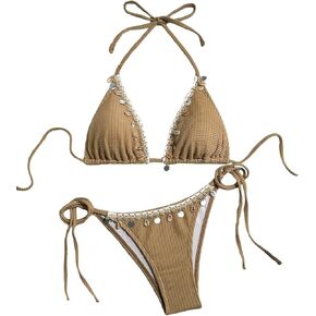 Women's Shell Decoration Boho Bathing Suit Halter High Waist Summer Swimsuit Bikinis Set