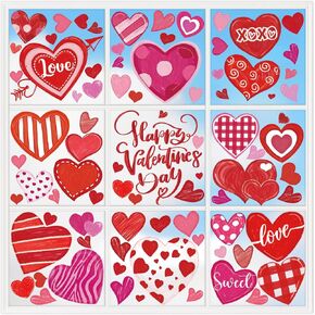 XZENTIRA 93 PCS Valentines Day Window Clings Valentines Day Decoration Valentines Day Oil Painting Heart Shaped Double Sided Window Decals for Home Wedding Anniversary Party Office Decoration 8 Sheets
