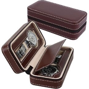 Men Travel Watch Case, Leather Zipper Travel Case Bag Watch Box Storage Pouch, Watch Bands Case Watch Straps Holder Organizer for Wrist Watch Display Case Coffee (2 Slot)