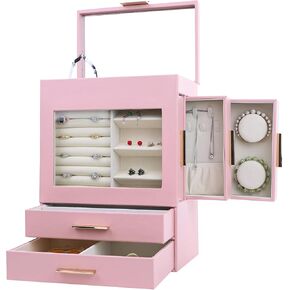 Jewelry Box with Glass Window, 6 Layers Jewelry Organizer with 3 Side Drawers, Jewelry Storage (White)