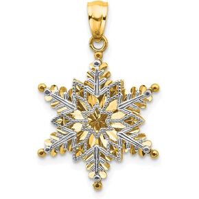 Solid 14k Yellow and White Gold Two Tone and Textured 2 Level Snowflake Pendant Charm