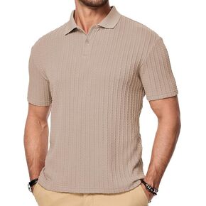 Mens Knit Polo Shirts Short Sleeve Button Down Texture Polo T Shirts Casual Golf Polo Collared Shirts