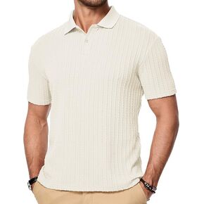 Mens Knit Polo Shirts Short Sleeve Button Down Texture Polo T Shirts Casual Golf Polo Collared Shirts in Kuwait