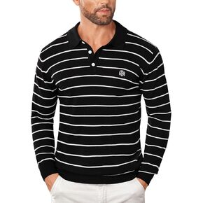 Mens Knit Polo Sweater Long Sleeve Striped Casual Button Golf Shirt (S-XXL)