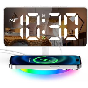 Digital Alarm Clock with Wireless Charging, Mirror LED Clock for Bedroom Decor with 5 Brightness+OFF, Progressive Volume, USB Charger, Dimmable Night Light Alarm Clock for Home, Bedroom Office Decor