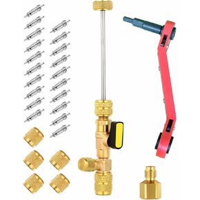 Valve Core Removal Tool，HVAC Tools，Air Conditioning Refrigeration Tools，HVAC Service Wrench，Wrench with Bit Adapter，Dual Size SAE 1/4 & 5/16 Port, 20 PCS Valve Core with Teflon Seal, 5 PCS Brass Nuts