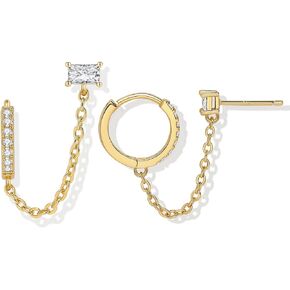 Double Piercing Earrings 18K Gold Plated Chain Earrings for Women S925 Sterling Silver Double Piercing Dangle Chain Huggie Hoop Earrings Women's 5A Cubic Zirconia Stud Earrings in Kuwait