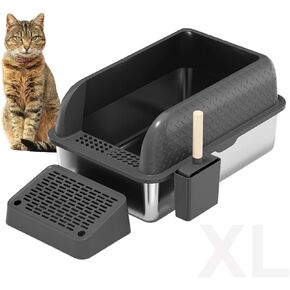 Pink Litter Box Extra Large XL Stainless Steel. Cat Litter Box High Sided Covered Lid Enclosure Includes Litter Scoop with Holder Trapping Mat Essential Cat Supplies for Indoor Cats (Diamond Pink)