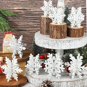16 Pcs Christmas Snowflake Wooden Decor Winter 3D Snowflake Tabletop Sign Christmas Tiered Tray Decorations White Snowflake Wood Blocks Centerpiece for Xmas Wonderland Party Home Table Decor