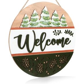 3D Pinecone Welcome Winter Door Sign Hanging(11.4x11.4 inches), Christmas Tree Wall Sign Wooden Hanger, Farmhouse Home Decoration for Christmas Winter Housewarming Gift