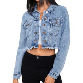 MakeMeChic Women's Crop Denim Jacket Casual Long Sleeve Ripped Frayed Hem Jean Jackets