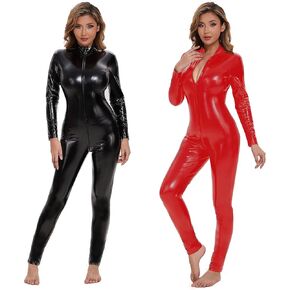 Women Shiny Leather Jumpsuit, Sexy Zipper Open Crotch, Glossy PVC Leather Leotard Crotchless