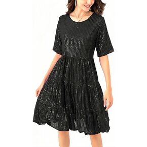 Sequin Babydoll Summer Dress，Sparkly Glitter Dress Short Flowy Tiered Tunic Dress for Women Party Club Night
