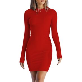 Dressmine Women's Fall Bodycon Midi Dress Sexy Mini Long Sleeve Dresses Casual Ribbed Slim Fit Round Neck Knit Dress