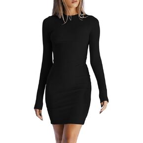 Dressmine Women's Fall Bodycon Midi Dress Sexy Mini Long Sleeve Dresses Casual Ribbed Slim Fit Round Neck Knit Dress