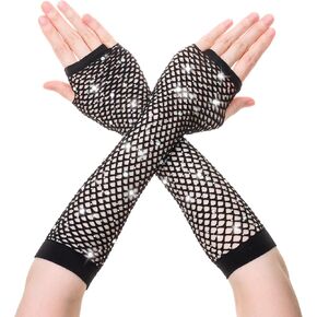 Fishnet Rhinestone Long Gloves Fingerless Sparkly Mesh Opera Gloves for 80s Costume Cosplay Halloween Wedding Party