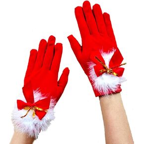 Christmas Gloves Santa Gloves with Bells Bow Short Xmas Holiday Gloves Red Stretchy Gloves for Women (Red-Short)