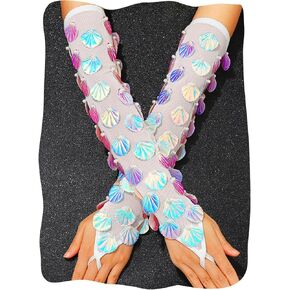 Shell Fingerless Gloves White Mesh Long Fish Scale Gloves Pearl Opera Cosplay Party Arm Sleeves for Women and Girls