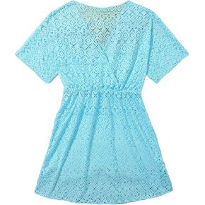 SHENHE Girl's Chiffon V Neck Short Sleeve Drawstring Beach Dress Cover Up Kimono