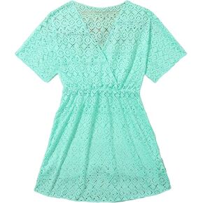 SHENHE Girl's Chiffon V Neck Short Sleeve Drawstring Beach Dress Cover Up Kimono in Kuwait