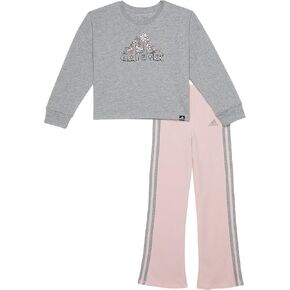 adidas Girls' 2-Piece Long Sleeve Graphic Tee & Flare Pant Set, Grey Heather Pink, 2T