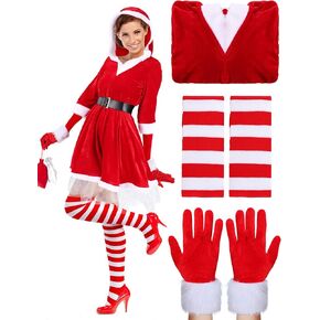 Funtery 3 Piece Christmas Costume Set Santa Claus Velvet Hooded Dress Xmas Striped Stockings and Red Gloves for Women Cosplay
