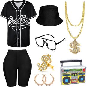80s 90s Outfit for Women 8PCS Hip Hop Costume Baseball Jersey Shirt Yoga Pants Bucket Hat Gold Chain Rapper Accessories Set