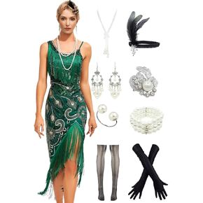 1920s Flapper Gatsby Sequined Peacock Pattern Dress Women Long Fringed Art Deco Dress w/ 20s Accessories Costume Set