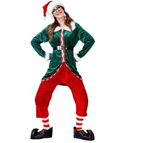 Adult Elf Outfit Christmas Santa Helper Costume Cosplay Deluxe Santa's Helper Elf Outfit Accessories Set 6Pieces