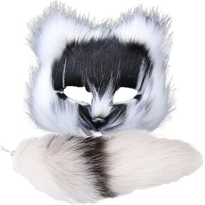 مجموعة زي القطة من YXCFEWD قناع وذيل القطة Therian Women Fox Wolf Furry Mask Cat