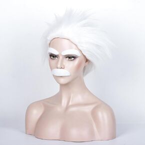 WeKen Mens Short Fluffy White Wig for Mad Scientist Costume Mustache Eyebows Crazy Funny Wig Set for Old Men Costume Halloween Cosplay Party