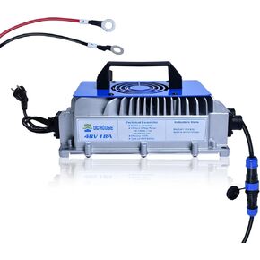 DC HOUSE 18 Amp 48V Golf Carts Battery Charger, 48V Lithium Battery Charger 900W Aluminum Alloy Shell Waterproof Anti-Fall with Cooling Fan, Suitable for Golf Cart/Forklift/Ship