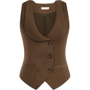 Belle Poque Women Double Breasted Waistcoat Vintage Lapel Collar Vest Coat with 2 Pockets
